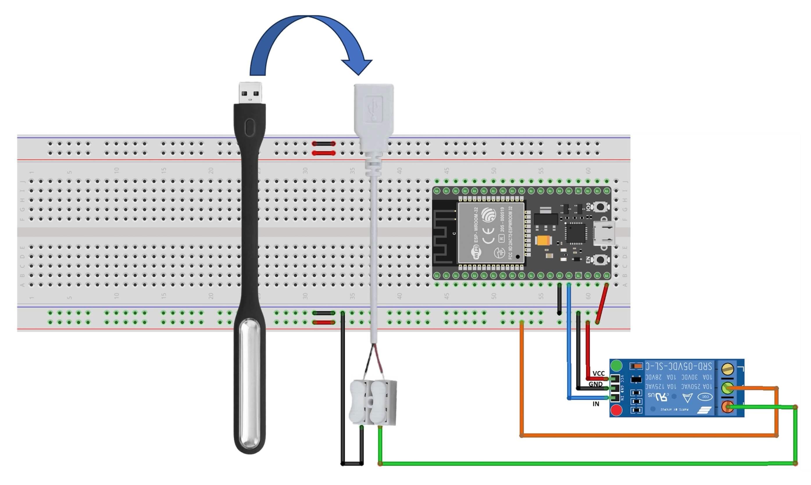 ESP32 控制 5V 繼電器與 USB 小夜燈接線圖