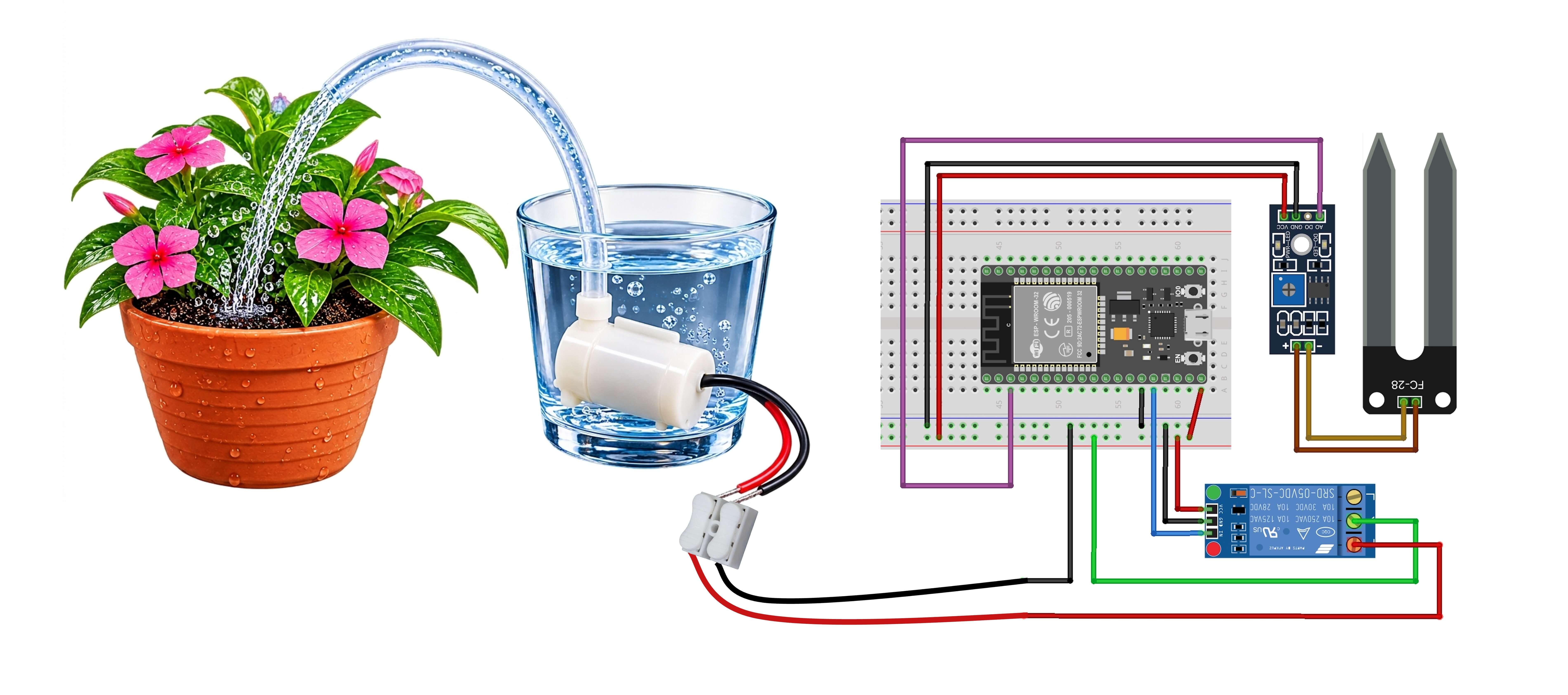ESP32 自動澆花系統與土壤濕度感測器電路接線圖