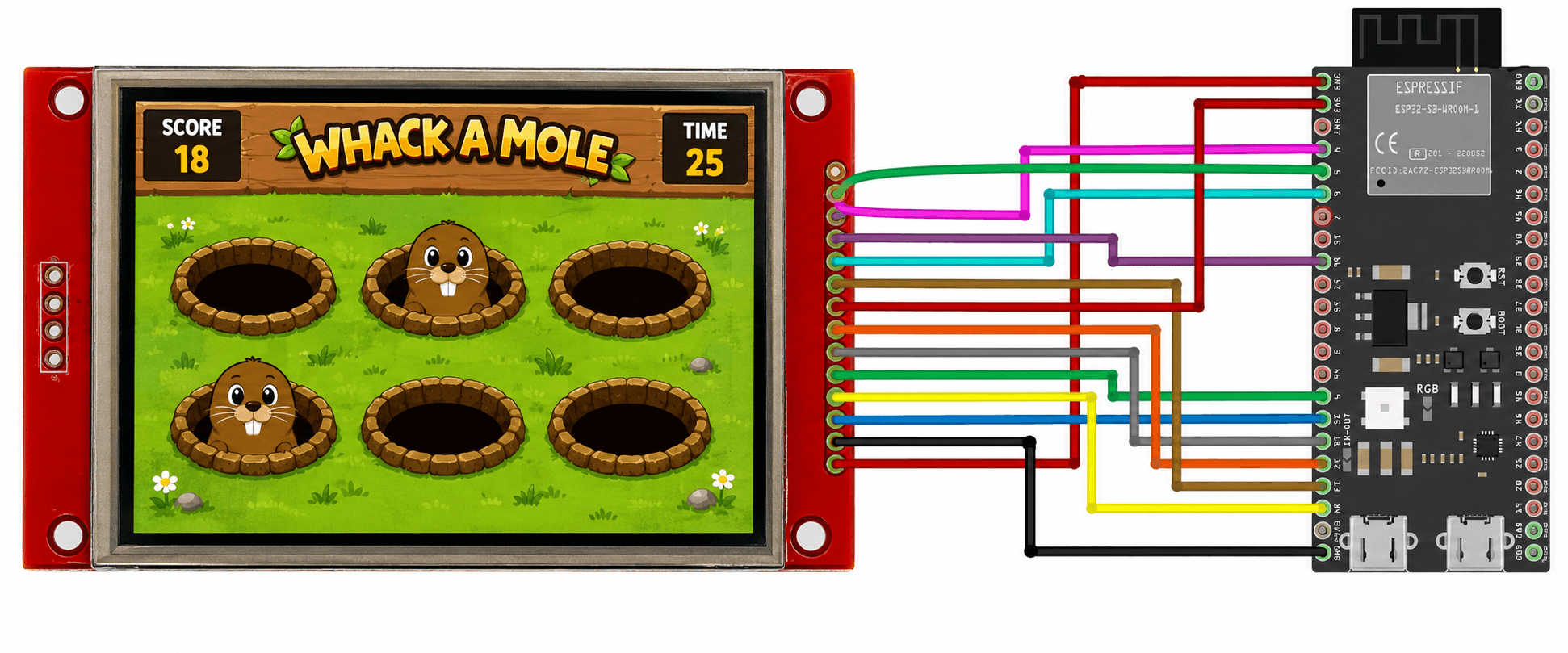 DIY ESP32 Whack-a-Mole game on ILI9341 TFT touch screen display fully wired hardware circuit