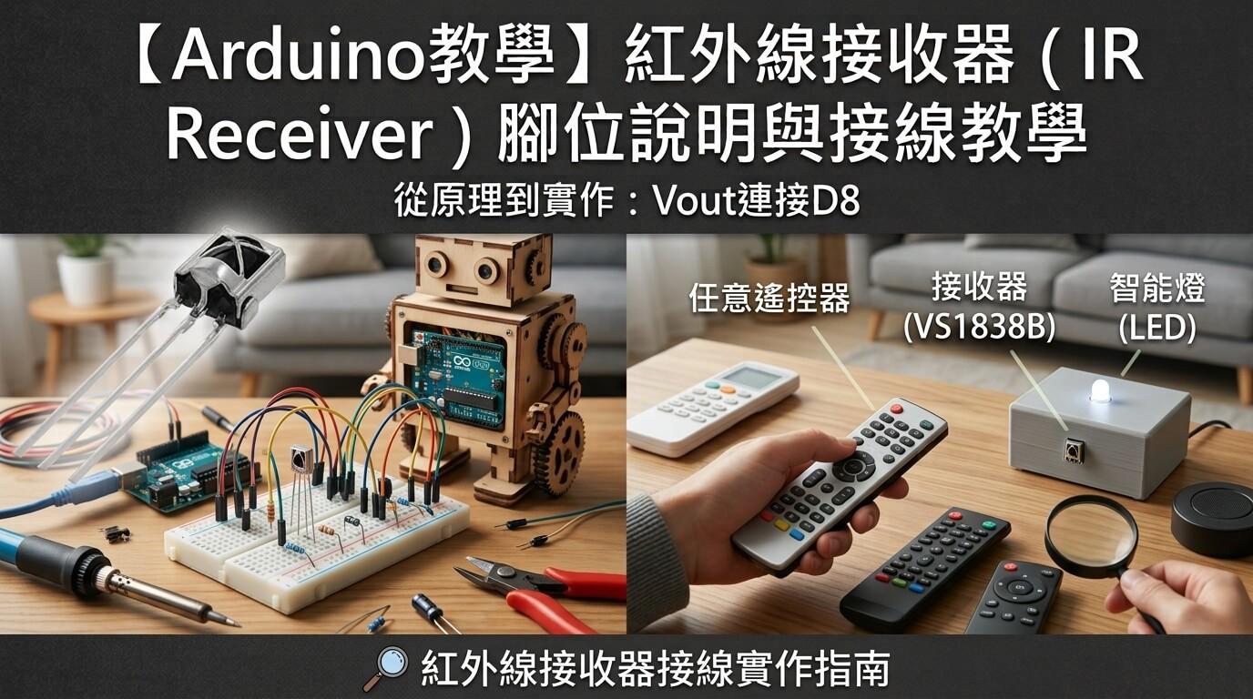 Arduino 紅外線接收器 IR Receiver 腳位說明與接線教學封面，包含 VS1838B 與遙控器實作情境