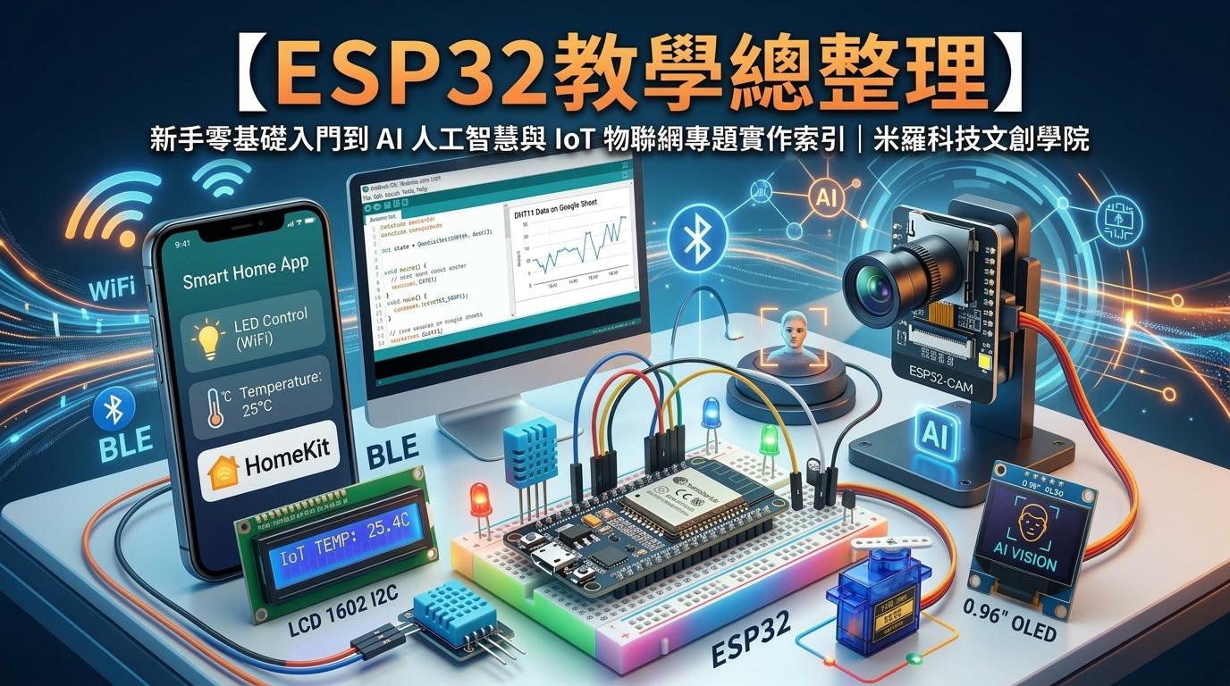 ESP32 教學總整理示意圖,展示 ESP32 開發板、ESP32-CAM 攝影機、LCD 1602 顯示器、SG90 伺服馬達、DHT11 溫濕度感測器及智慧家庭 App 介面