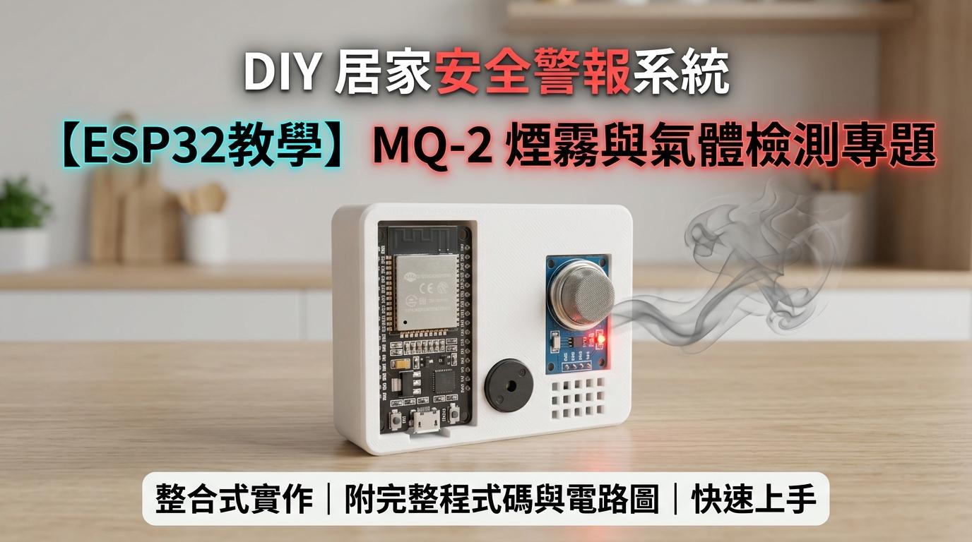 DIY 居家安全警報系統:ESP32 與 MQ-2 煙霧氣體檢測專題應用情境圖