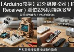 Arduino 紅外線接收器 IR Receiver 腳位說明與接線教學封面，包含 VS1838B 與遙控器實作情境